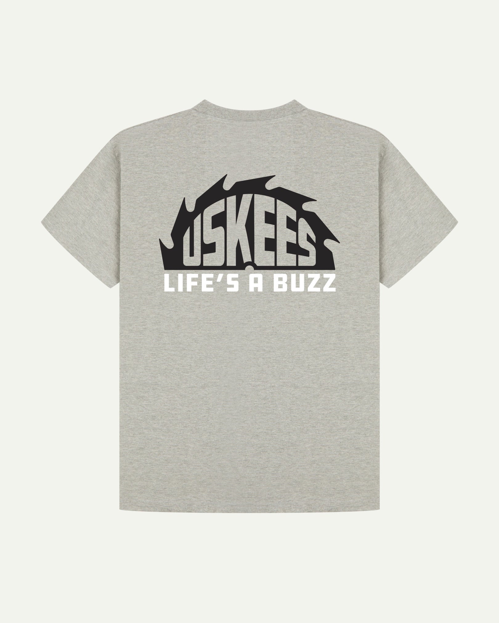 Reverse view of Uskees men's graphic 'life's a buzz' short sleeve Tee for men showing the large graphic buzz saw logo in black and white across the back.