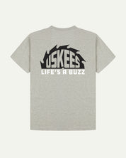 Reverse view of Uskees men's graphic 'life's a buzz' short sleeve Tee for men showing the large graphic buzz saw logo in black and white across the back.