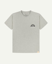 Front flat view of men's graphic t-shirt in grey marl showing a smaller 'life's a buzz' graphic on the left breast and the Uskees branding labels on the neck and hem.