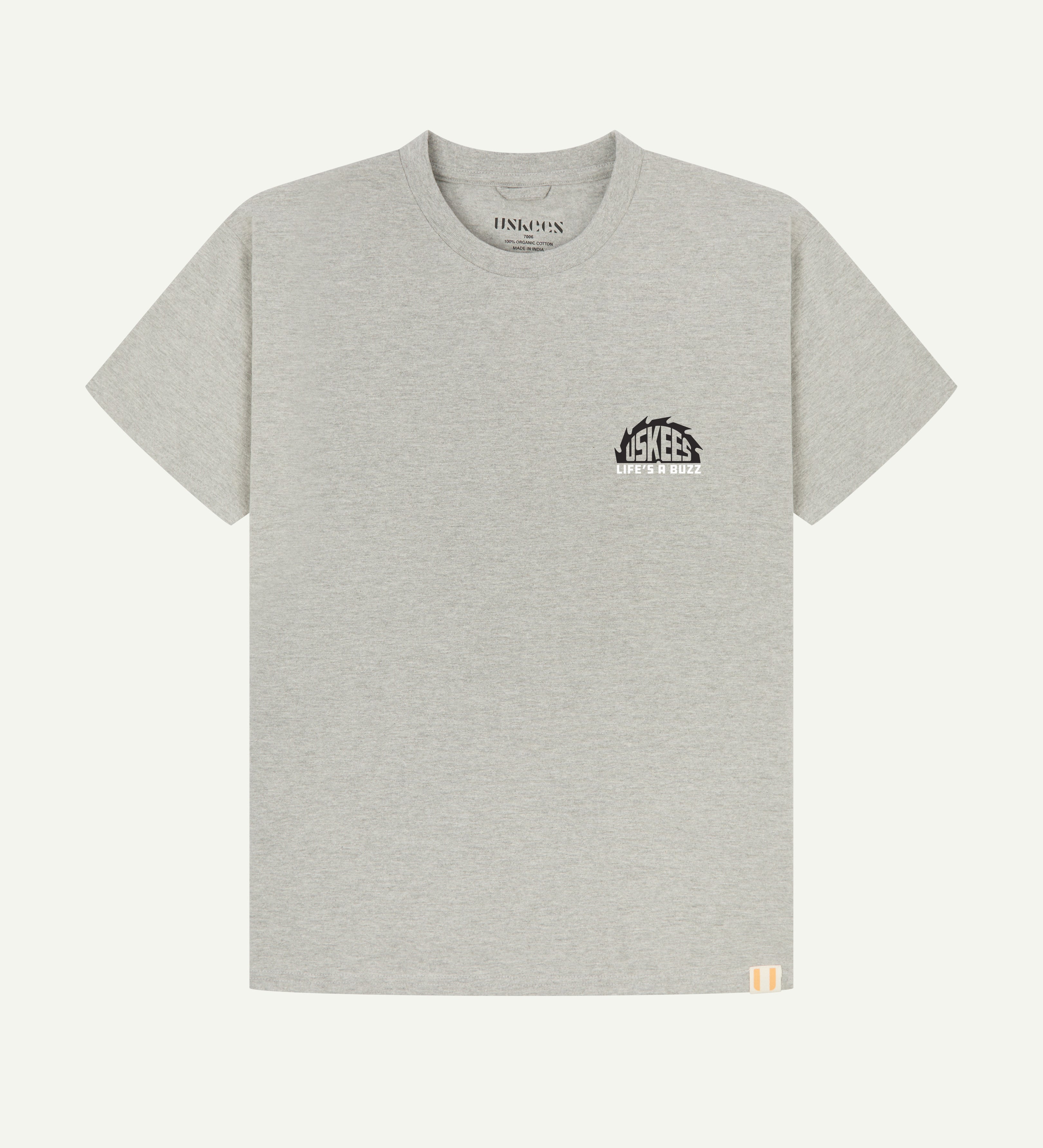 Front flat view of men's graphic t-shirt in grey marl showing a smaller 'life's a buzz' graphic on the left breast and the Uskees branding labels on the neck and hem.