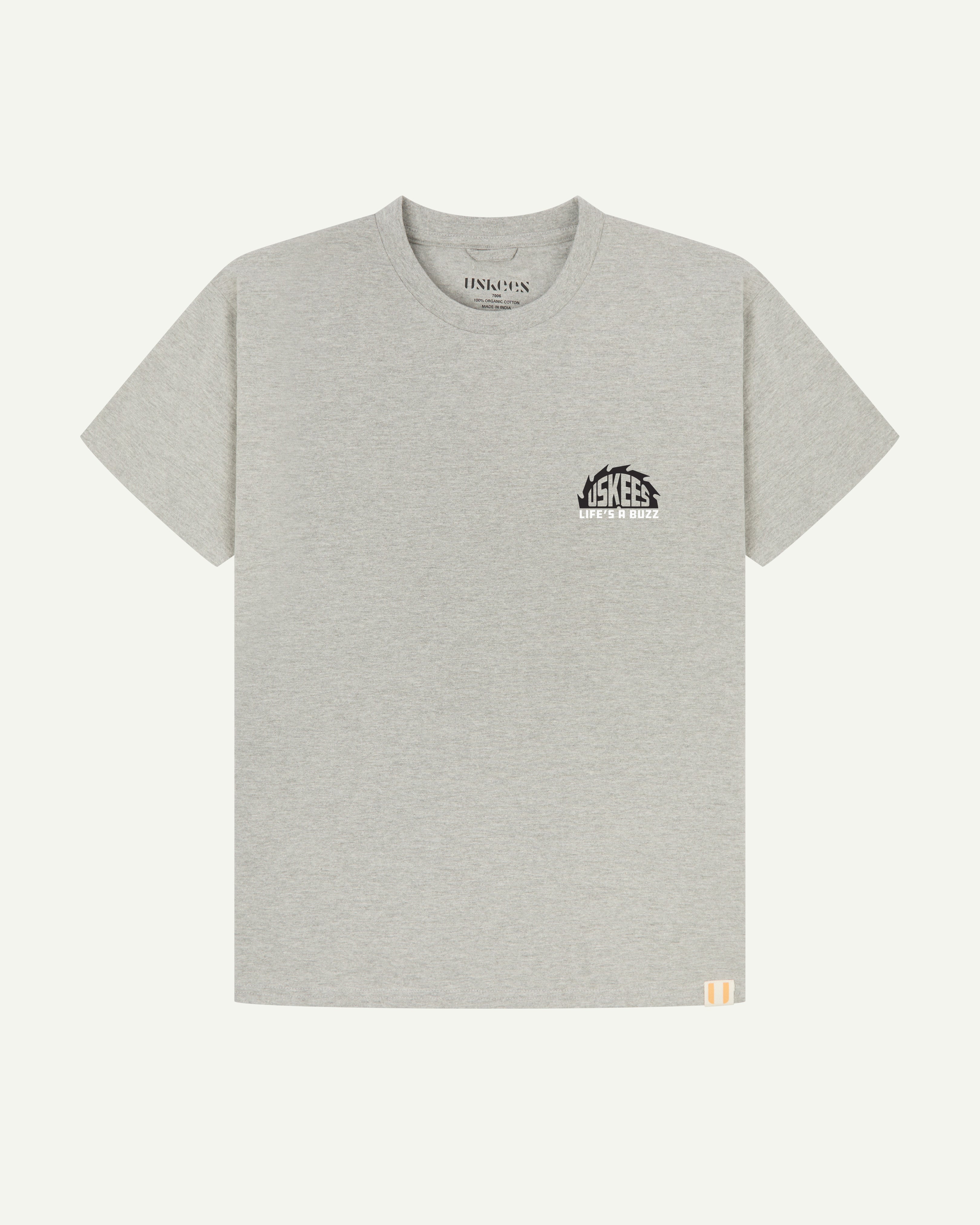 Front flat view of men's graphic t-shirt in grey marl showing a smaller 'life's a buzz' graphic on the left breast and the Uskees branding labels on the neck and hem.