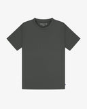 Close-up of a dark green men's t-shirt showing an Uskees brand label at the neck presented on a white background