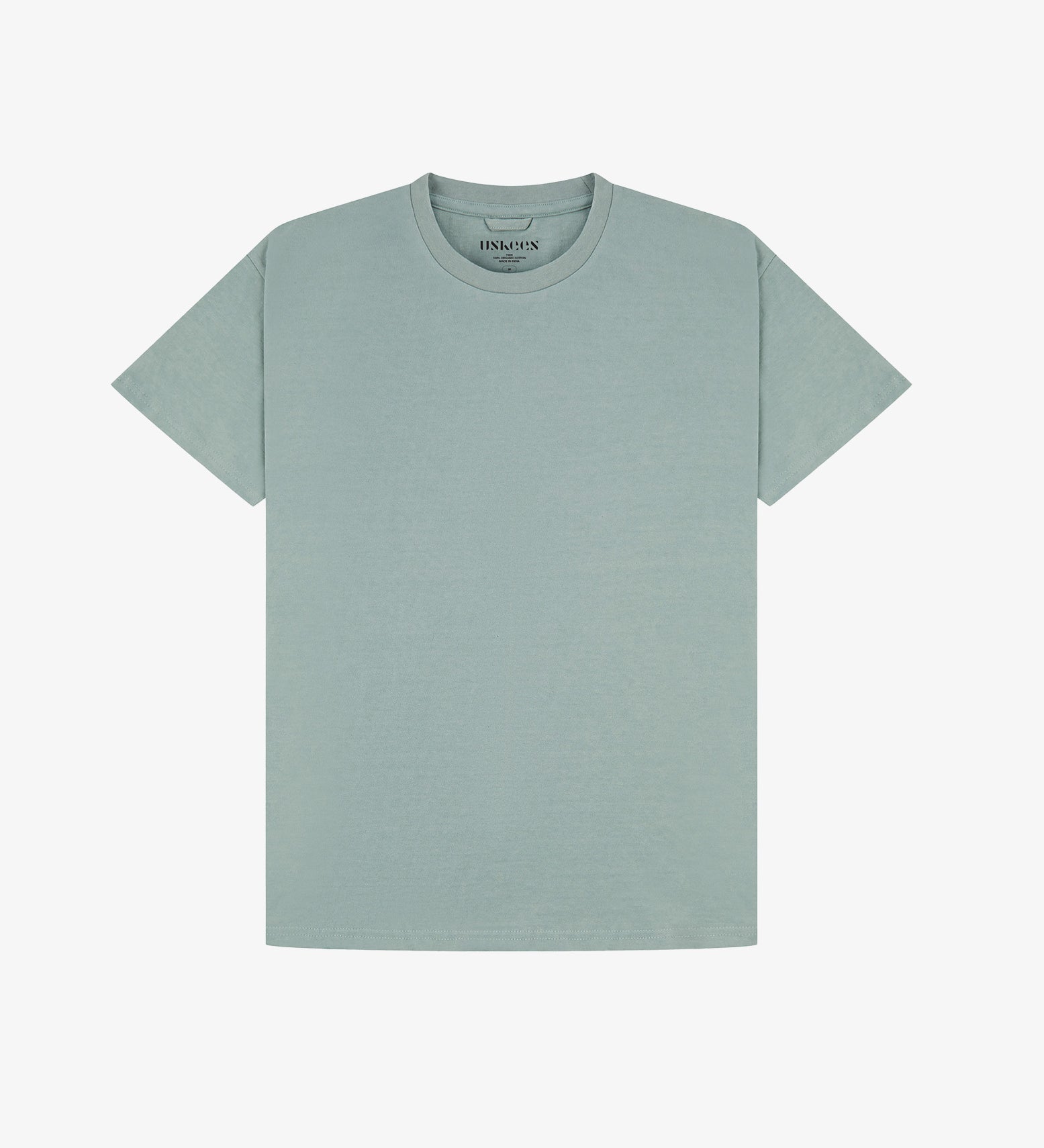 Full flat view of green-grey 'steel' coloured organic cotton Uskees T-shirt for men, illustrating the loose-fitting profile.