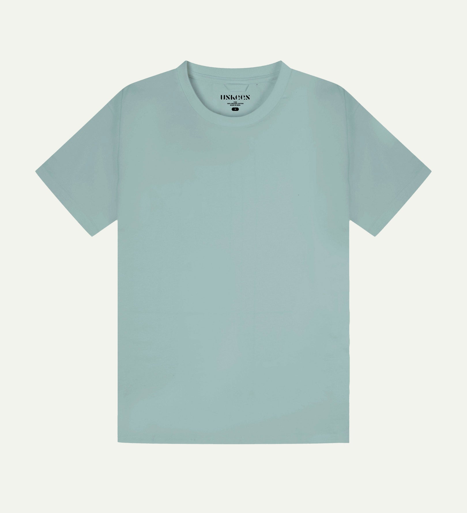 Full flat view of green-grey 'steel' organic cotton Uskees T-shirt for men, showing the loose silhouette.