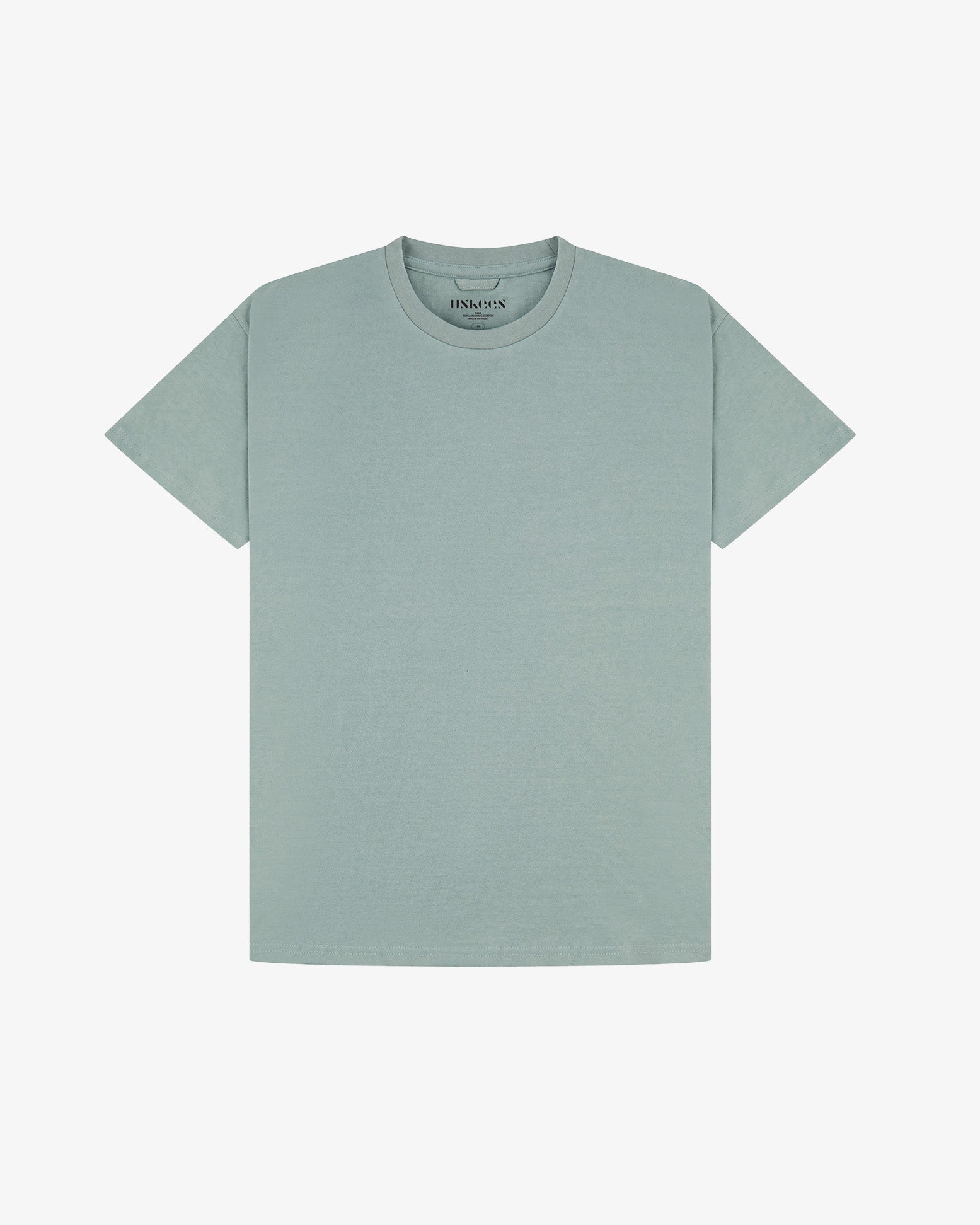 Full flat view of green-grey 'steel' coloured organic cotton Uskees T-shirt for men, illustrating the loose-fitting profile.