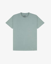 Full flat view of green-grey 'steel' coloured organic cotton Uskees T-shirt for men, illustrating the loose-fitting profile.