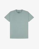 Full flat view of green-grey 'steel' coloured organic cotton Uskees T-shirt for men, illustrating the loose-fitting profile.