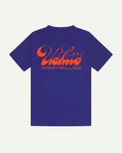 Back flat view of ultra blue organic cotton Uskees short-sleeved T-shirt showing the loose silhouette. Spanning the back is the large, bright orange 'diner' logo.