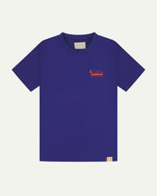 Full flat view of ultra blue organic cotton Uskees T-shirt for men, showing the small bright orange 'diner' logo on the breast.