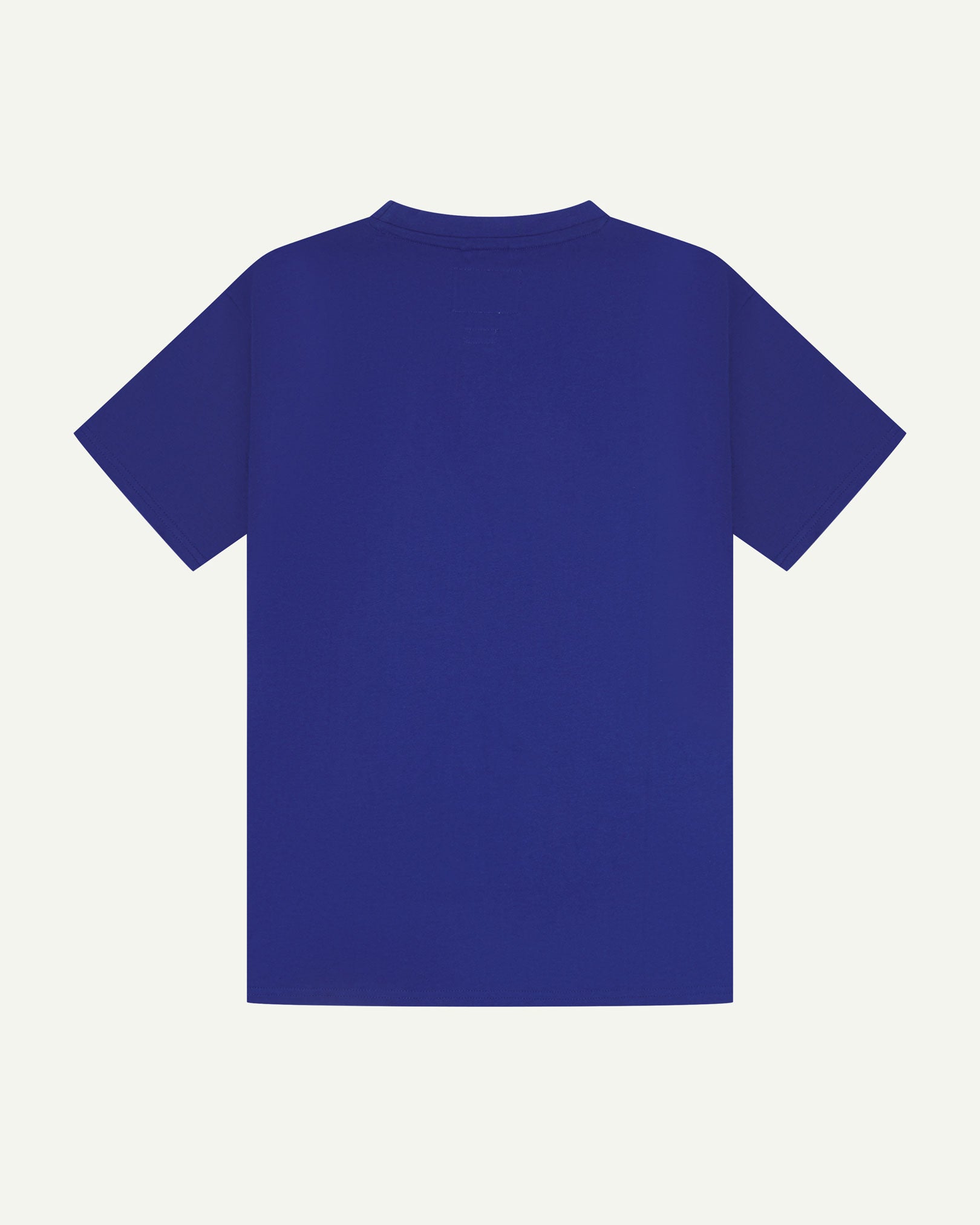 Back view of ultra blue organic cotton Uskees short-sleeved T-shirt.