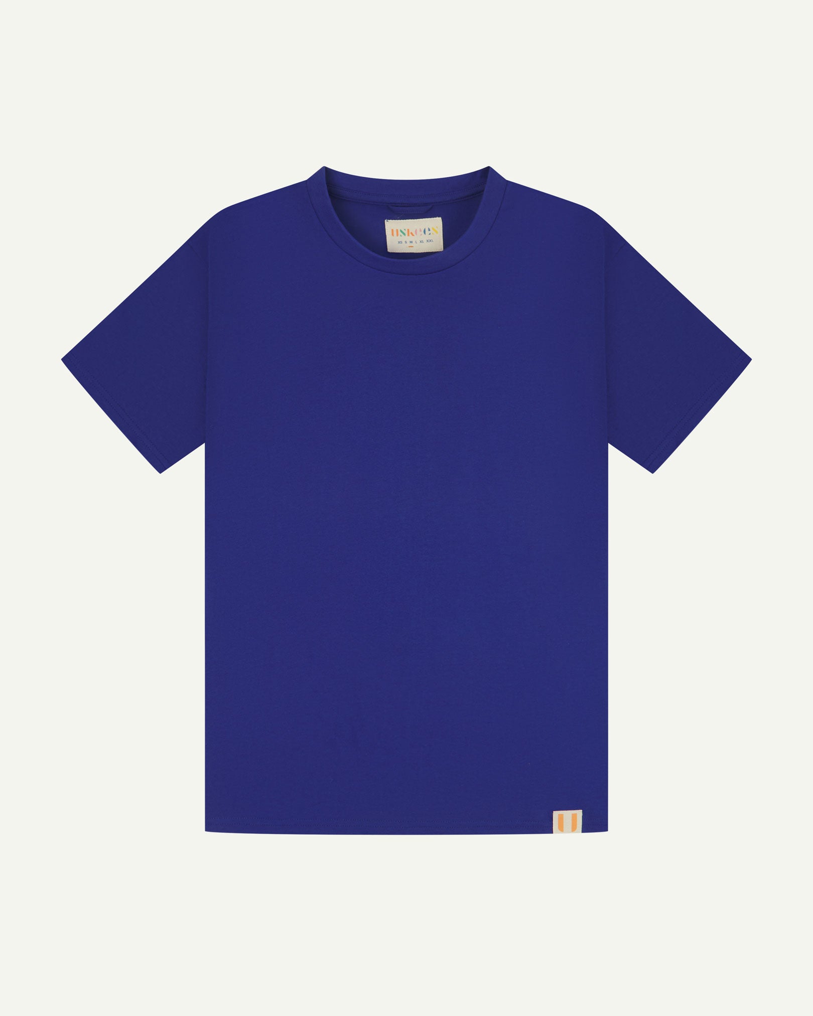 Full flat view of ultra blue organic cotton Uskees T-shirt for men.