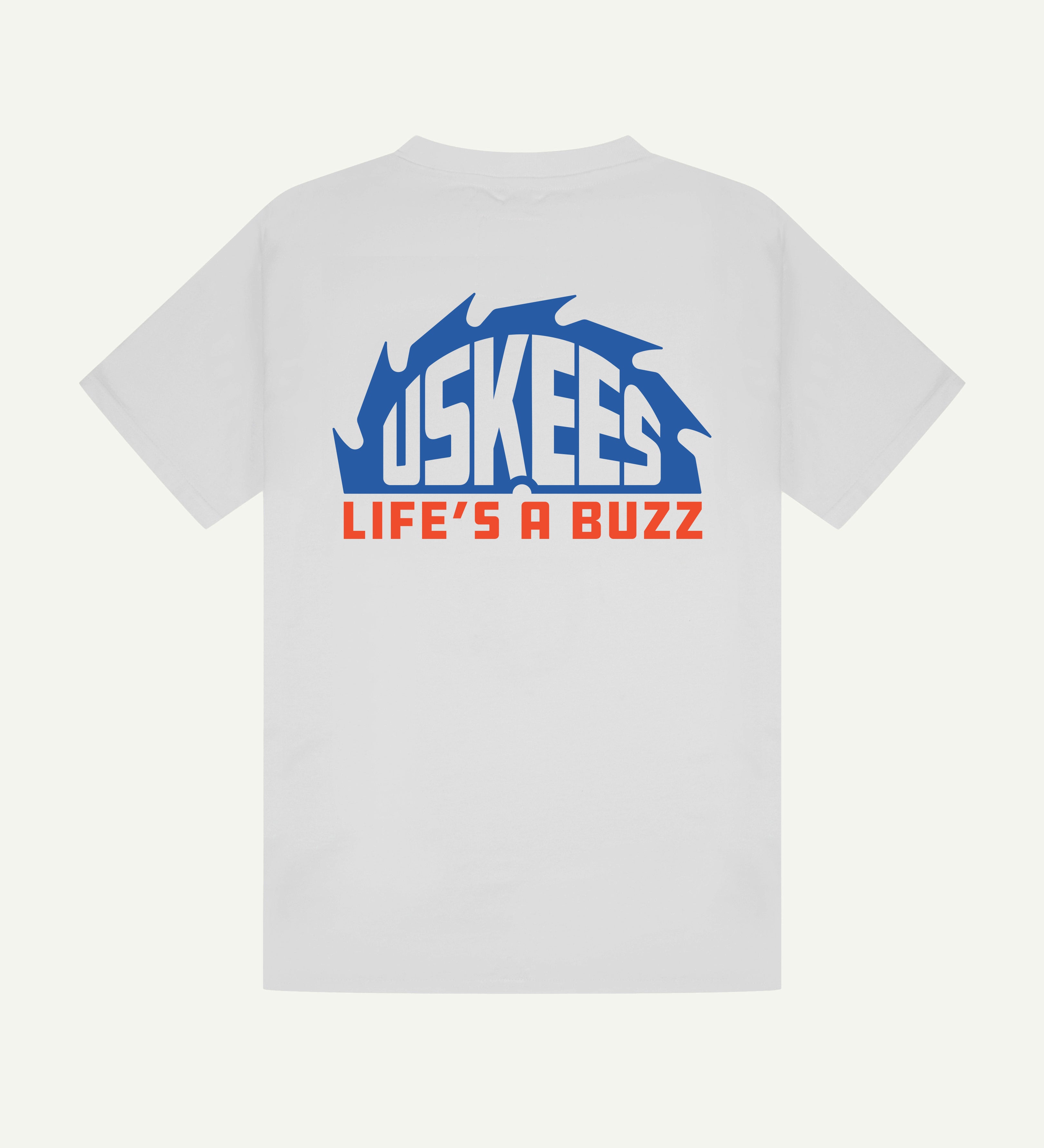 Back flat shot of uskees white short sleeve graphic t-shirt for men clearly showing the blue and orange 'uskees life's a buzz' graphic