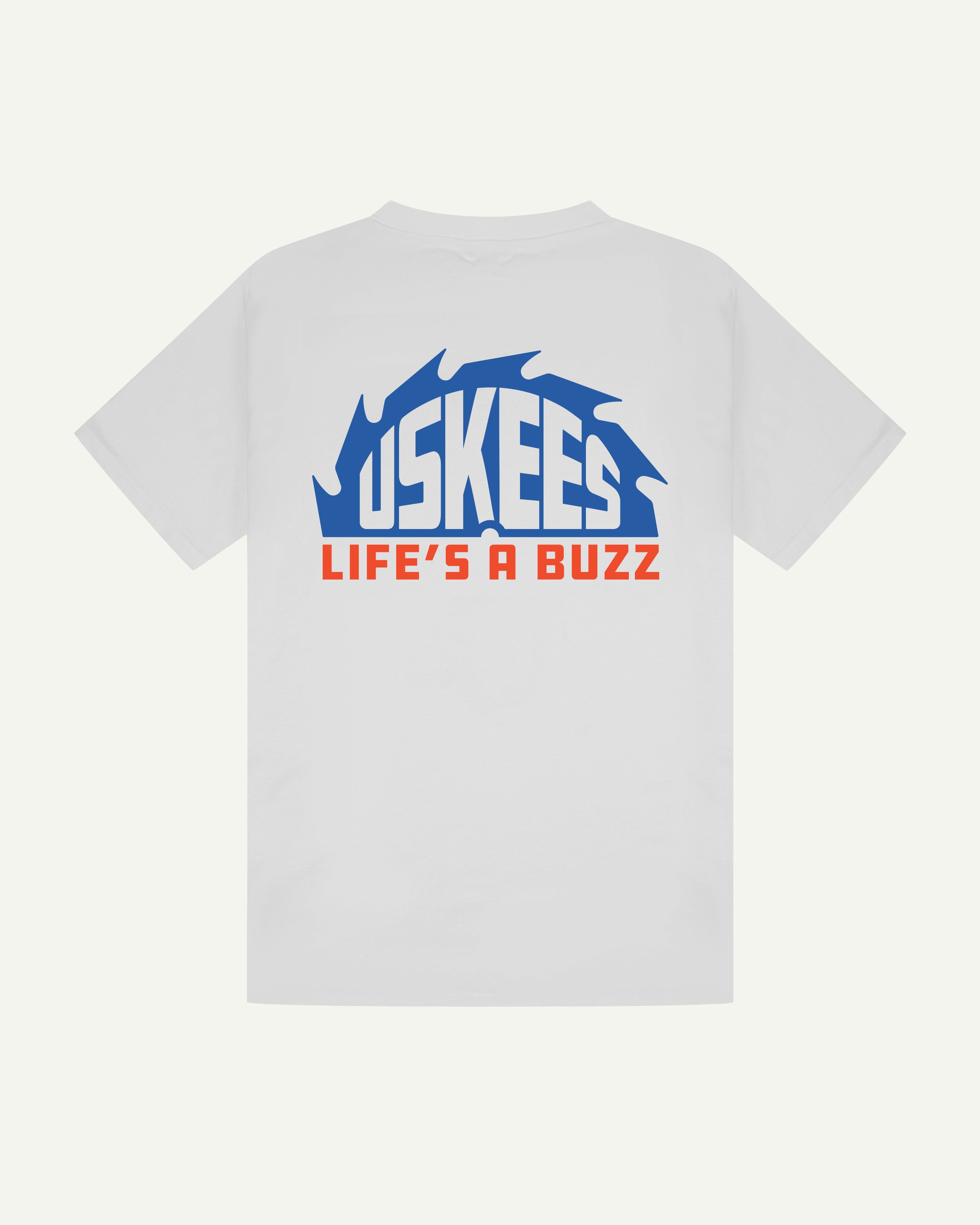 Back flat shot of uskees white short sleeve graphic t-shirt for men clearly showing the blue and orange 'uskees life's a buzz' graphic