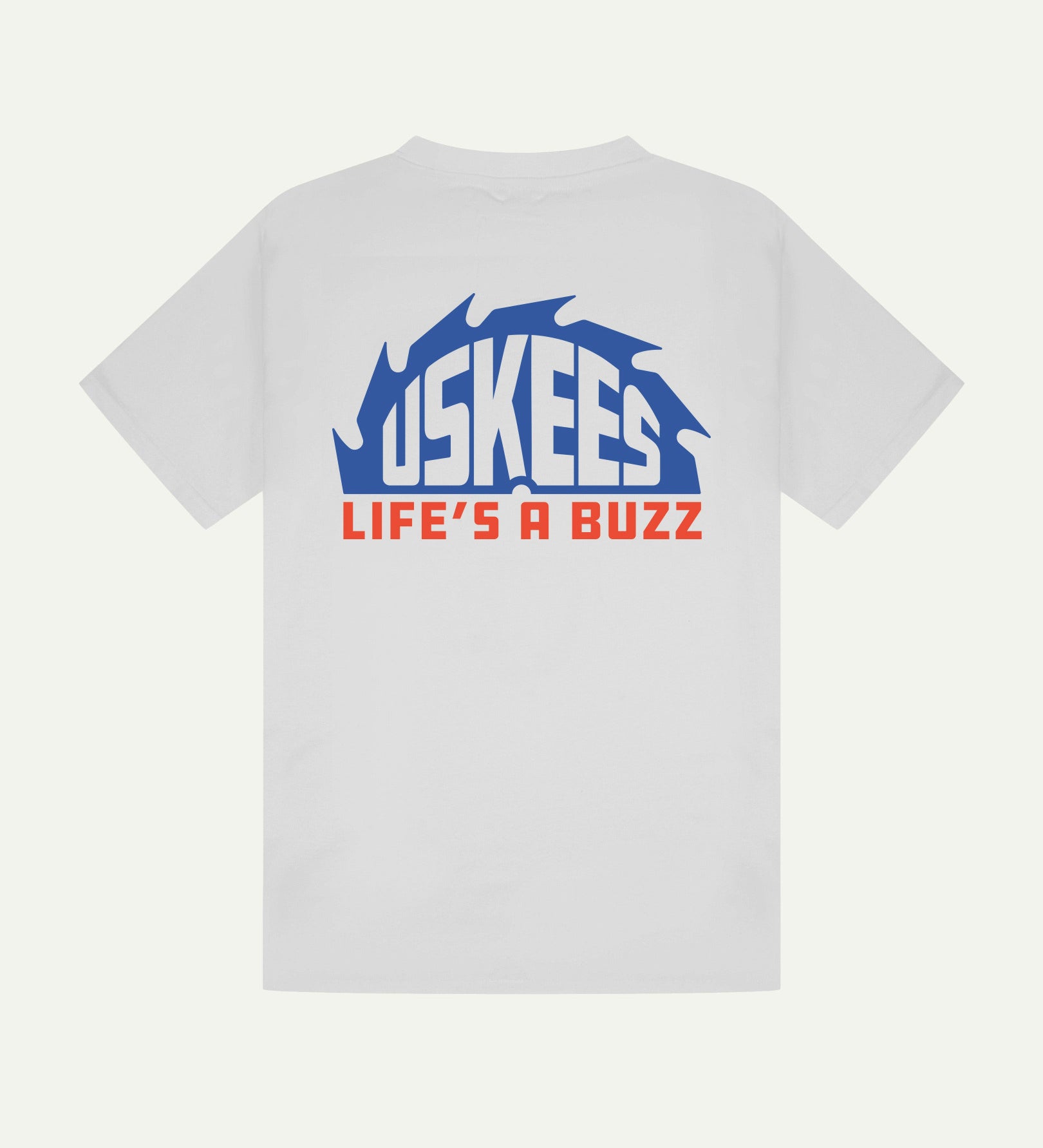 Reverse view of Uskees men's graphic 'life's a buzz' short sleeve Tee for men showing the large graphic buzz saw logo in blue and orange across the back.