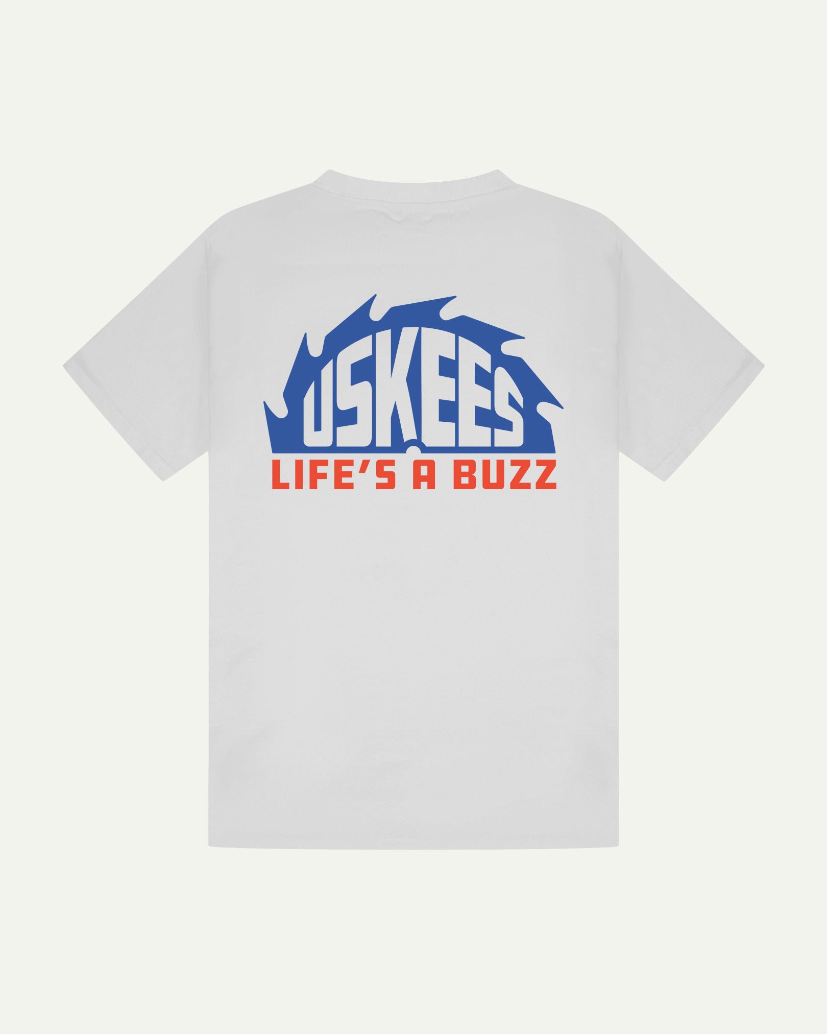 Reverse view of Uskees men's graphic 'life's a buzz' short sleeve Tee for men showing the large graphic buzz saw logo in blue and orange across the back.