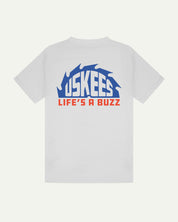 Reverse view of Uskees men's graphic 'life's a buzz' short sleeve Tee for men showing the large graphic buzz saw logo in blue and orange across the back.