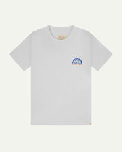 Front flat view of men's graphic t-shirt in white showing a smaller 'life's a buzz' graphic on the left breast and the Uskees branding labels on the neck and hem.