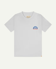 Front flat shot of uskees white graphic t-shirt for men clearly showing the 'uskees life's a buzz' logo