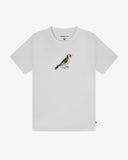 Front view of an Uskees short-sleeve crewneck t-shirt featuring a small bird illustration printed on the center chest, displayed against a clean white background.