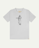 Full flat view of white organic cotton Uskees T-shirt for men, showing the black 'Jazz Man' logo on the chest and the Uskees branding labels on the neck and hem.