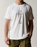 Front view wearing the uskees men's 'Jazz Man' tee in white, demonstrating the loose, relaxed fit.