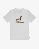 Front view of an Uskees white short-sleeve t-shirt with a graphic of a mallard duck on the chest, displayed flat. 