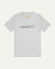 Front flat view of Uskees men's graphic t-shirt in white showing the philips head screw graphic on the chest and the branding labels on the neck and hem.