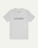 Front flat view of Uskees men's graphic t-shirt in white showing the philips head screw graphic on the chest and the branding labels on the neck and hem.