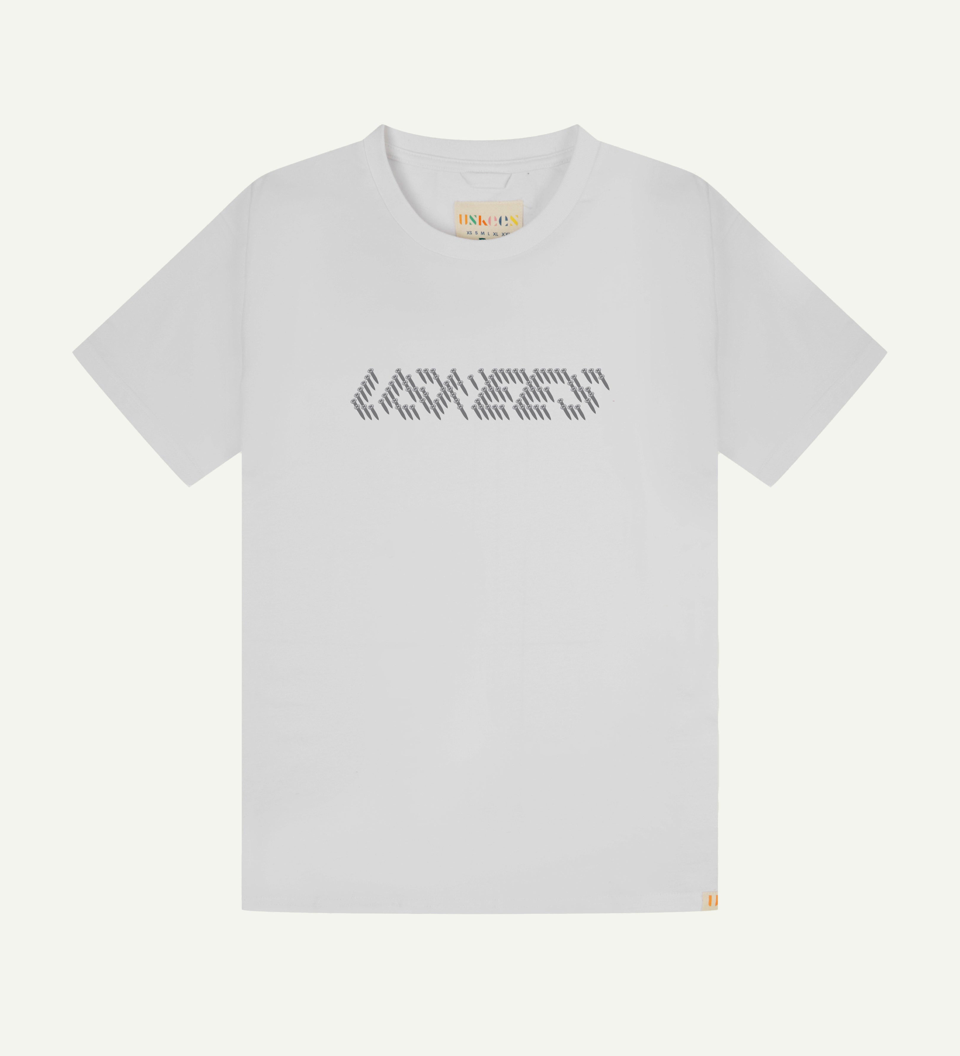 Front flat shot of uskees men's graphic t-shirt in white showing the philips head screw graphic.