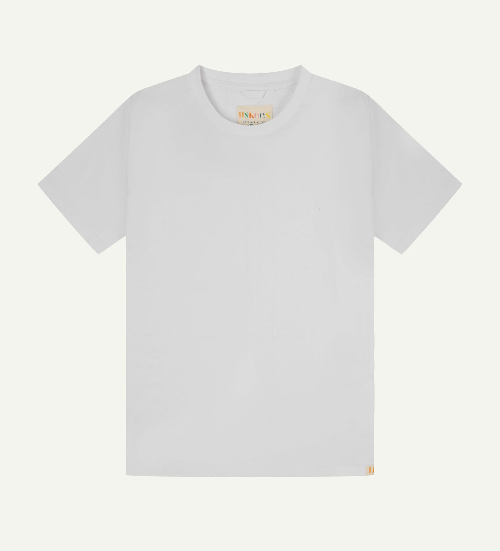Full flat view of white organic cotton Uskees T-shirt for men.