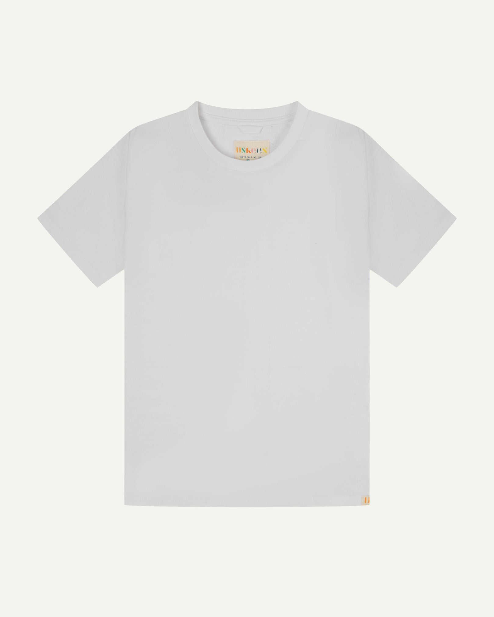 Full flat view of white organic cotton Uskees T-shirt for men.