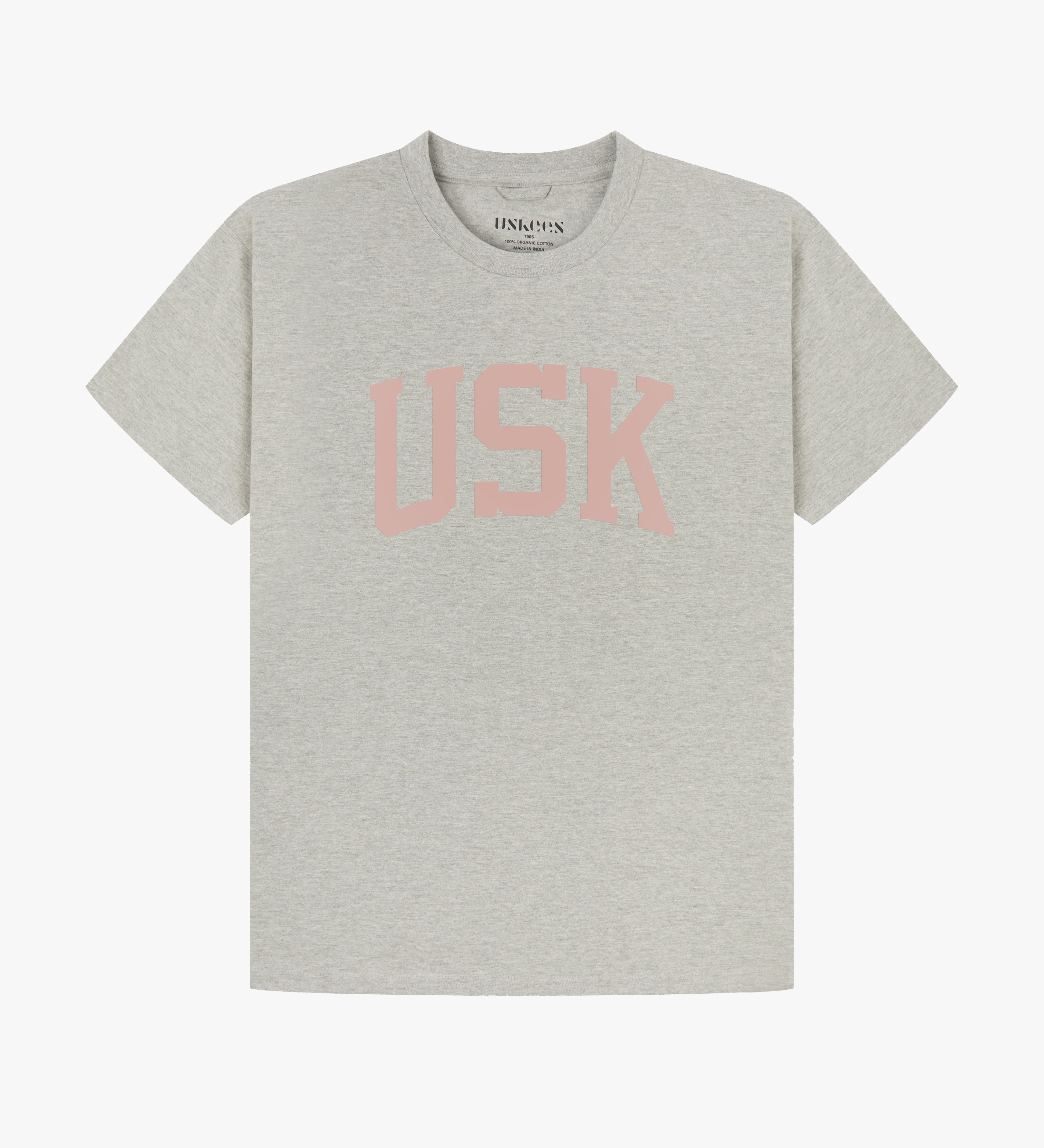 Full flat view of grey marl organic cotton signature T-shirt for men, showing the varsity inspired 'USK' logo on the chest and the Uskees branding labels on the neck and hem.
