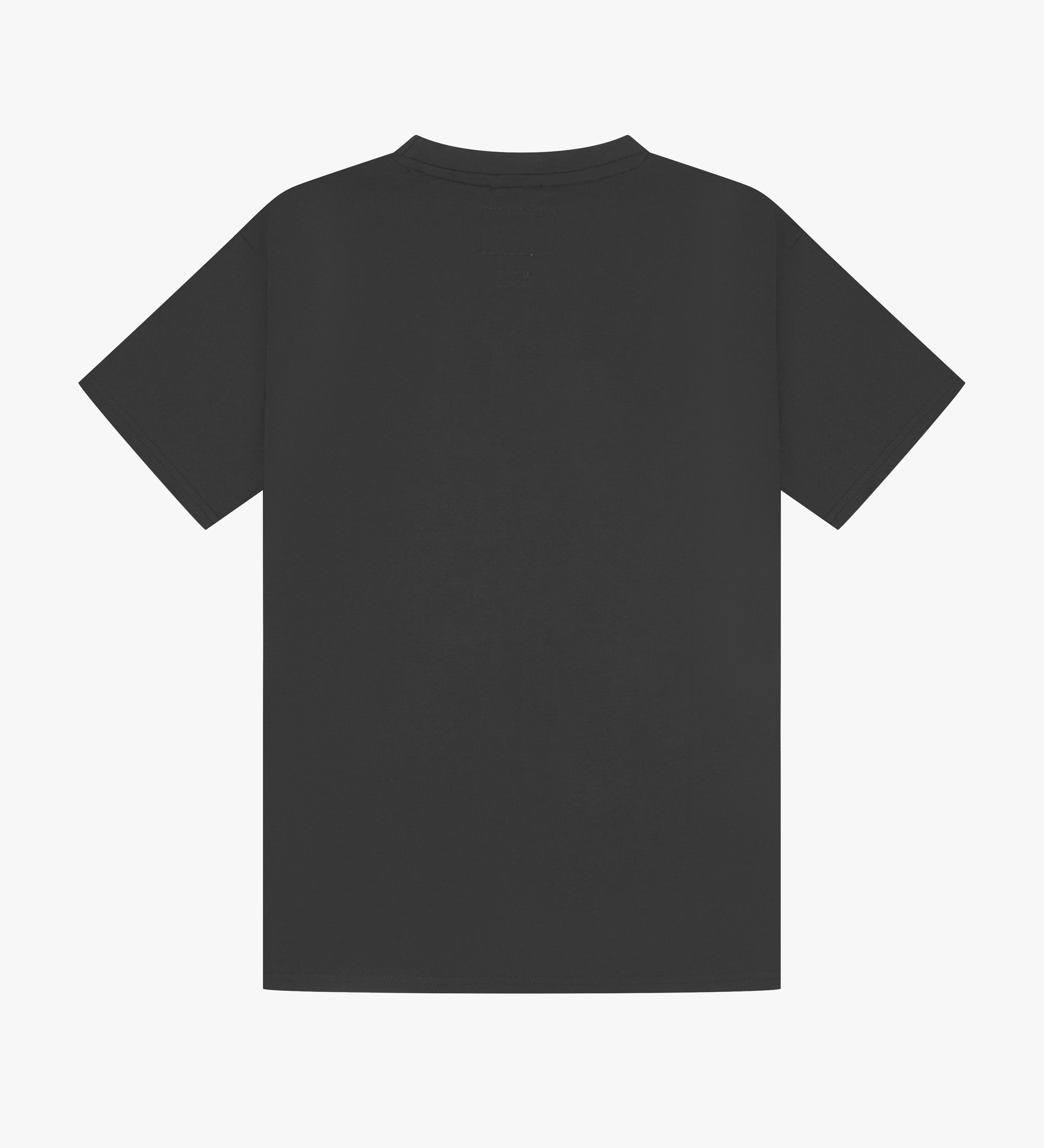 Back view of faded black organic cotton Uskees short-sleeved T-shirt.