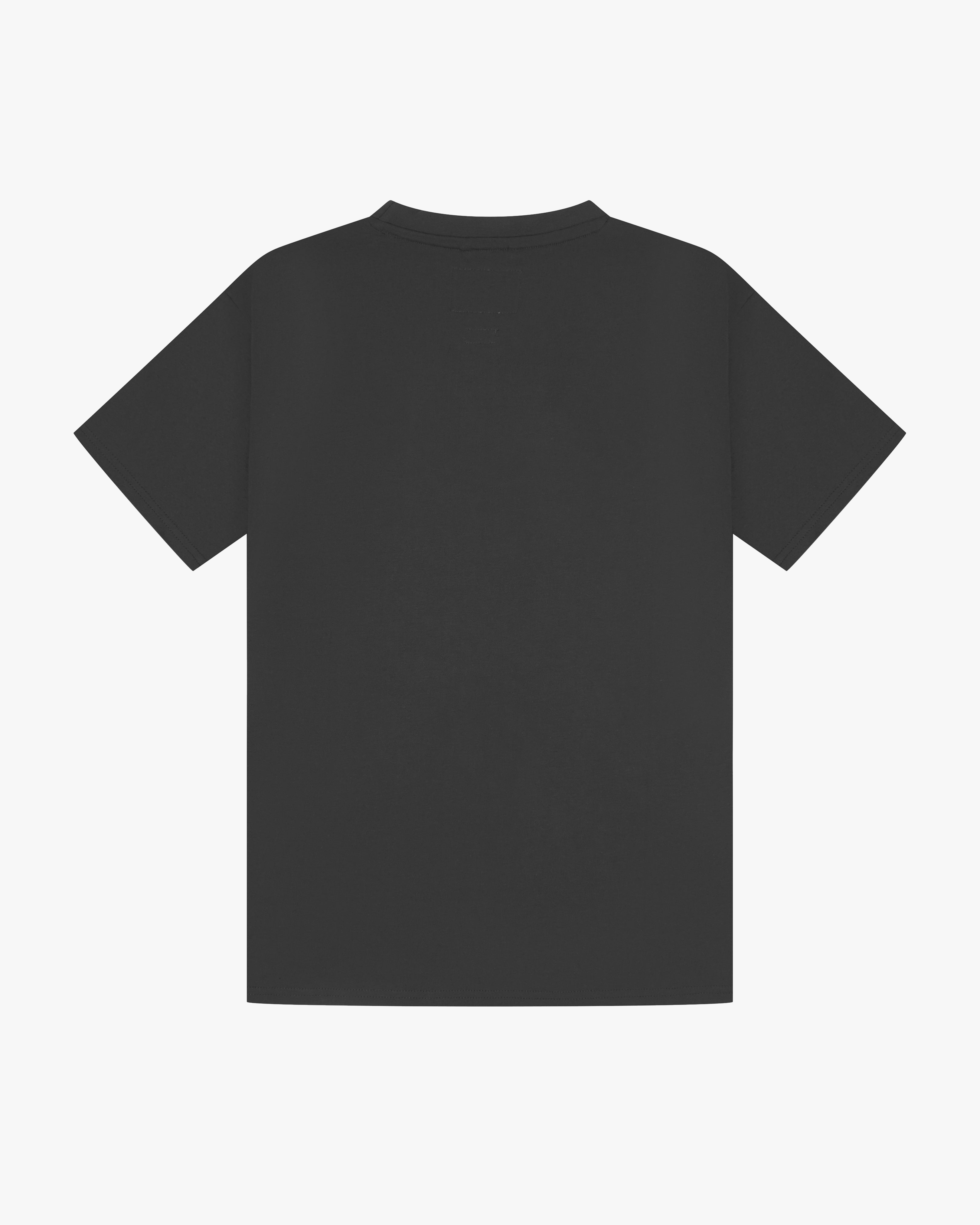 Back view of faded black organic cotton Uskees short-sleeved T-shirt.
