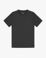 Full flat view of faded black organic cotton Uskees T-shirt for men.