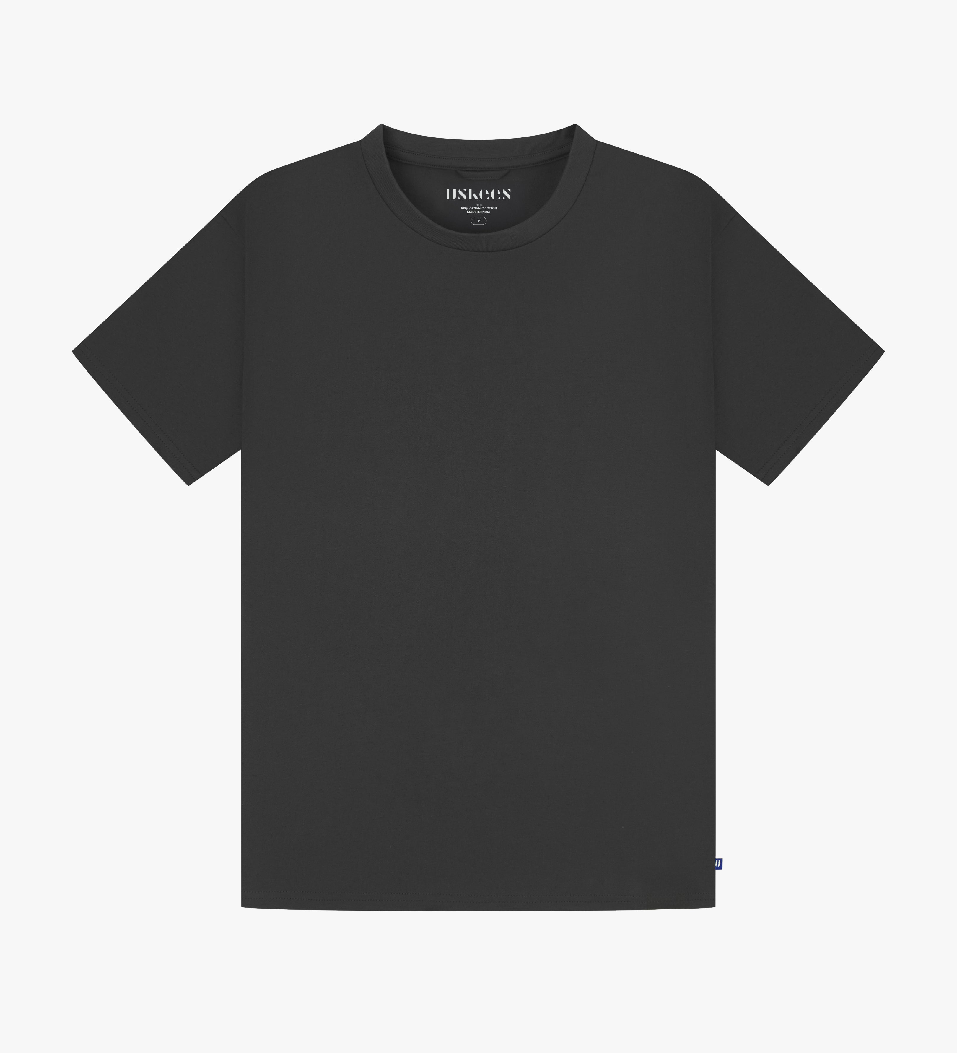 Full flat view of faded black organic cotton Uskees T-shirt for men.