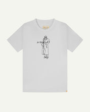 front flat shot of uskees men's graphic Tee with a black line drawing of the 'Jazz Man' on the front