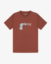 Uskees brown men's t-shirt with colourful graphic design on a white background
