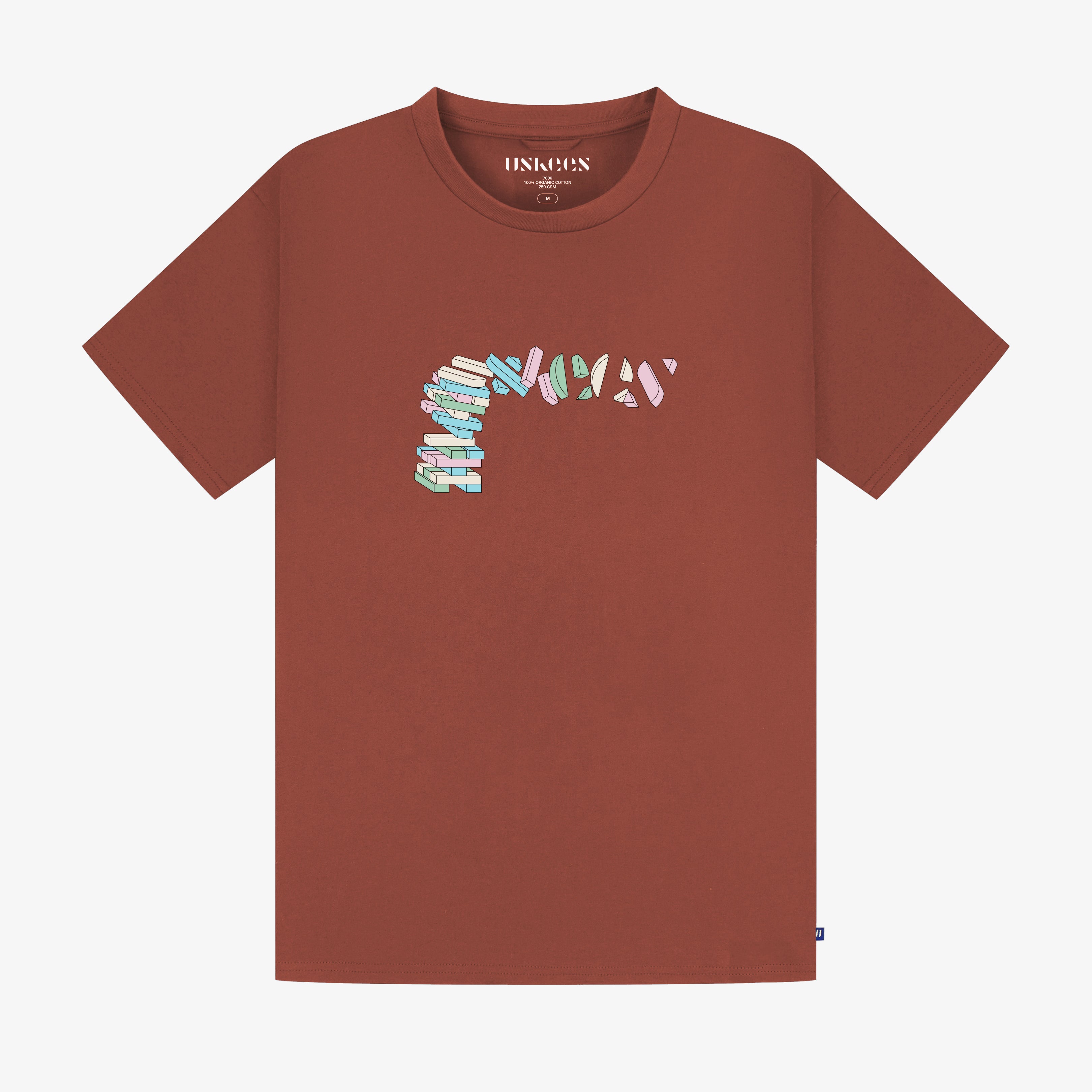 Uskees brown men's t-shirt with colourful graphic design on a white background