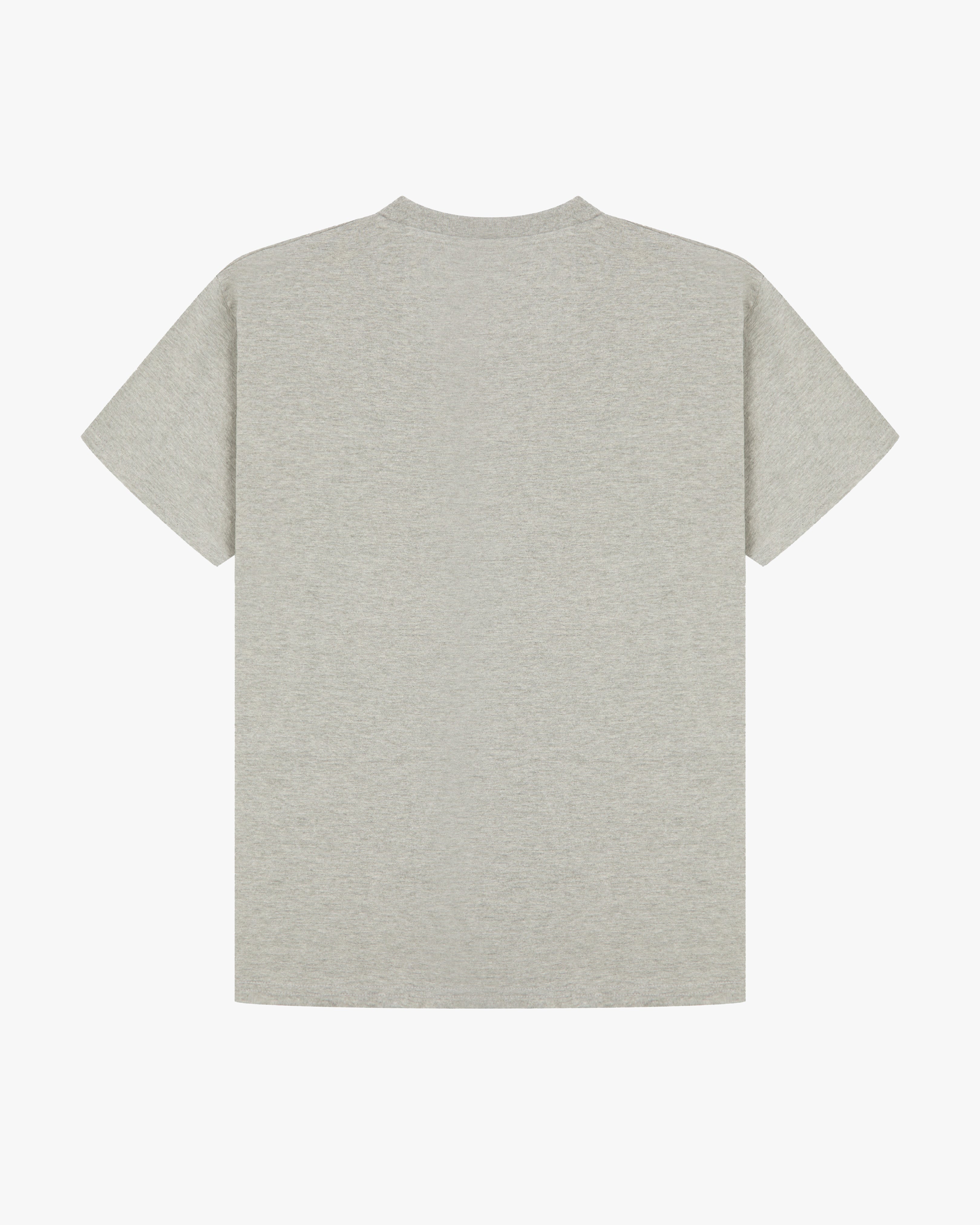 Back view of grey marl organic cotton Uskees short-sleeved T-shirt.