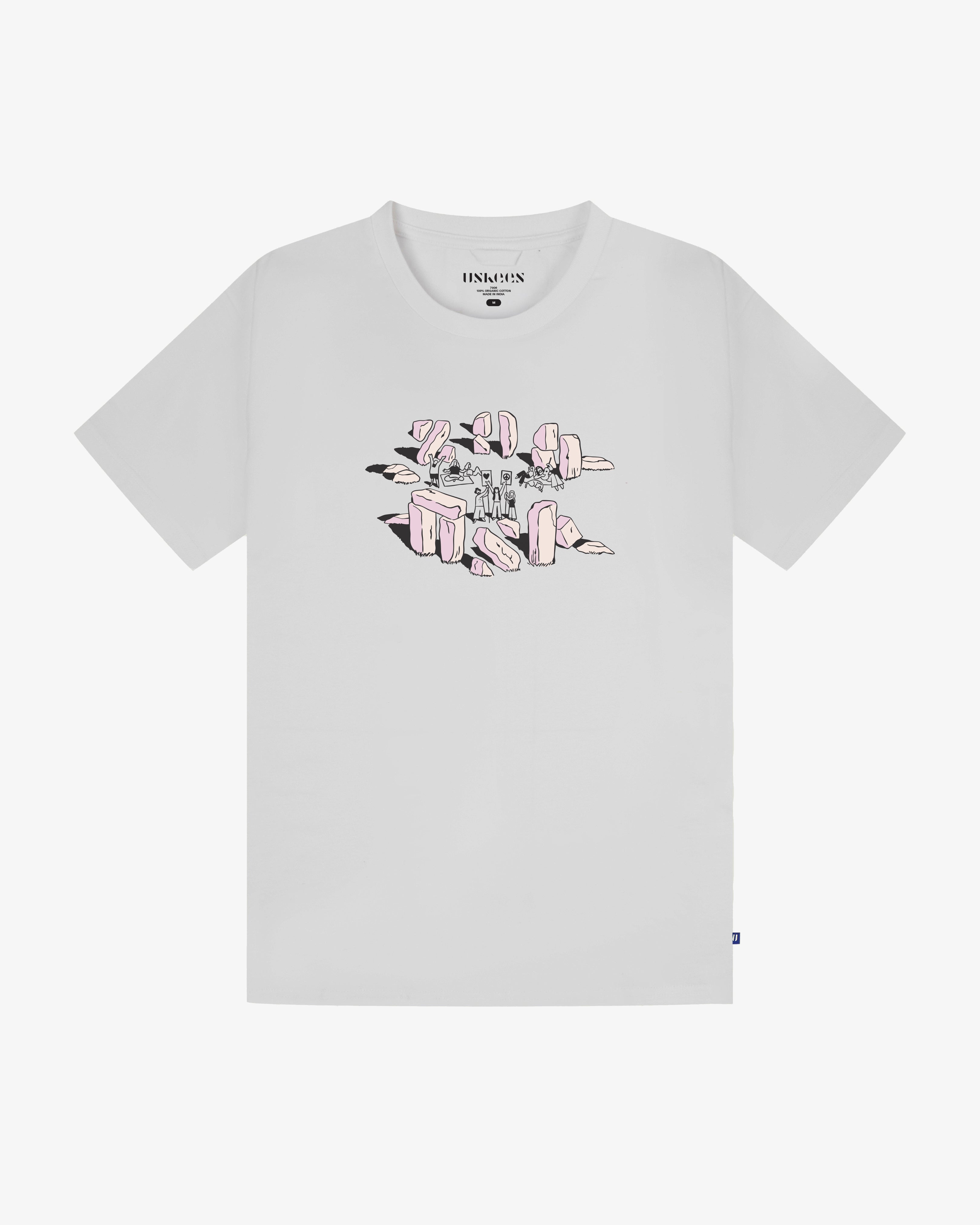 Flat shot of Uskees white graphic t-shirt for men showing the pink and black stones graphic.