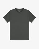 Close-up of a dark green men's t-shirt showing an Uskees brand label at the neck presented on a white background