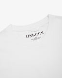 Neckline close-up of Uskees white organic cotton T-shirt showing hanging loop and branding label.