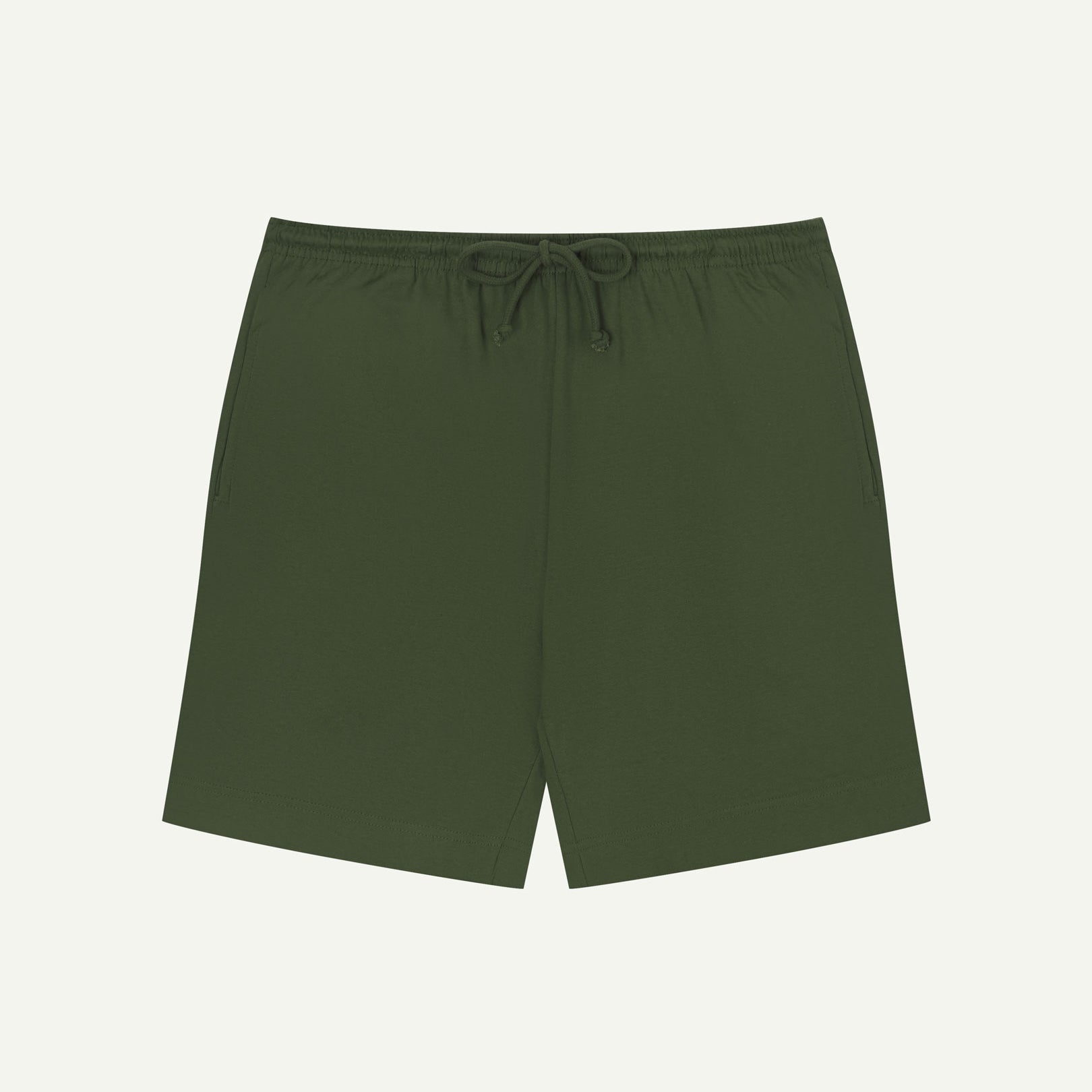 Front view of coriander-green organic cotton 7007 men's shorts by Uskees against white background. Clear view of drawstring waist.
