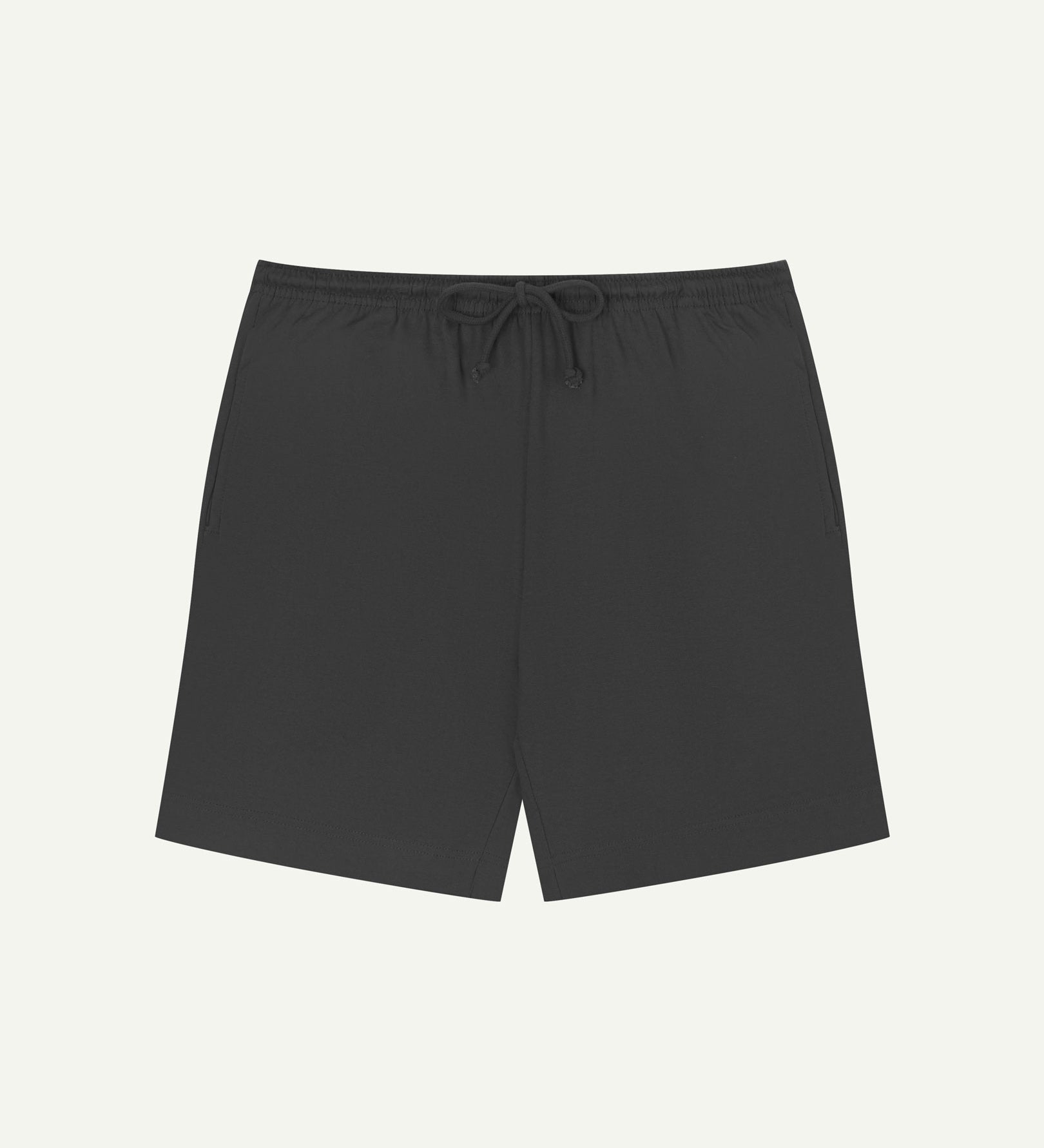 Front view of faded black organic cotton 7007 men's shorts by Uskees against white background. Clear view of drawstring waist.