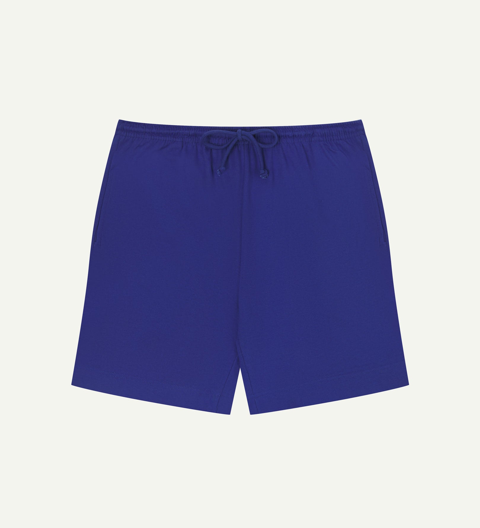 Front view of ultra blue organic cotton 7007 men's shorts by Uskees against white background. Clear view of drawstring waist.