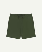 Front view of mid-green organic cotton #7007 jersey shorts by Uskees against white background. Clear view of drawstring waist.