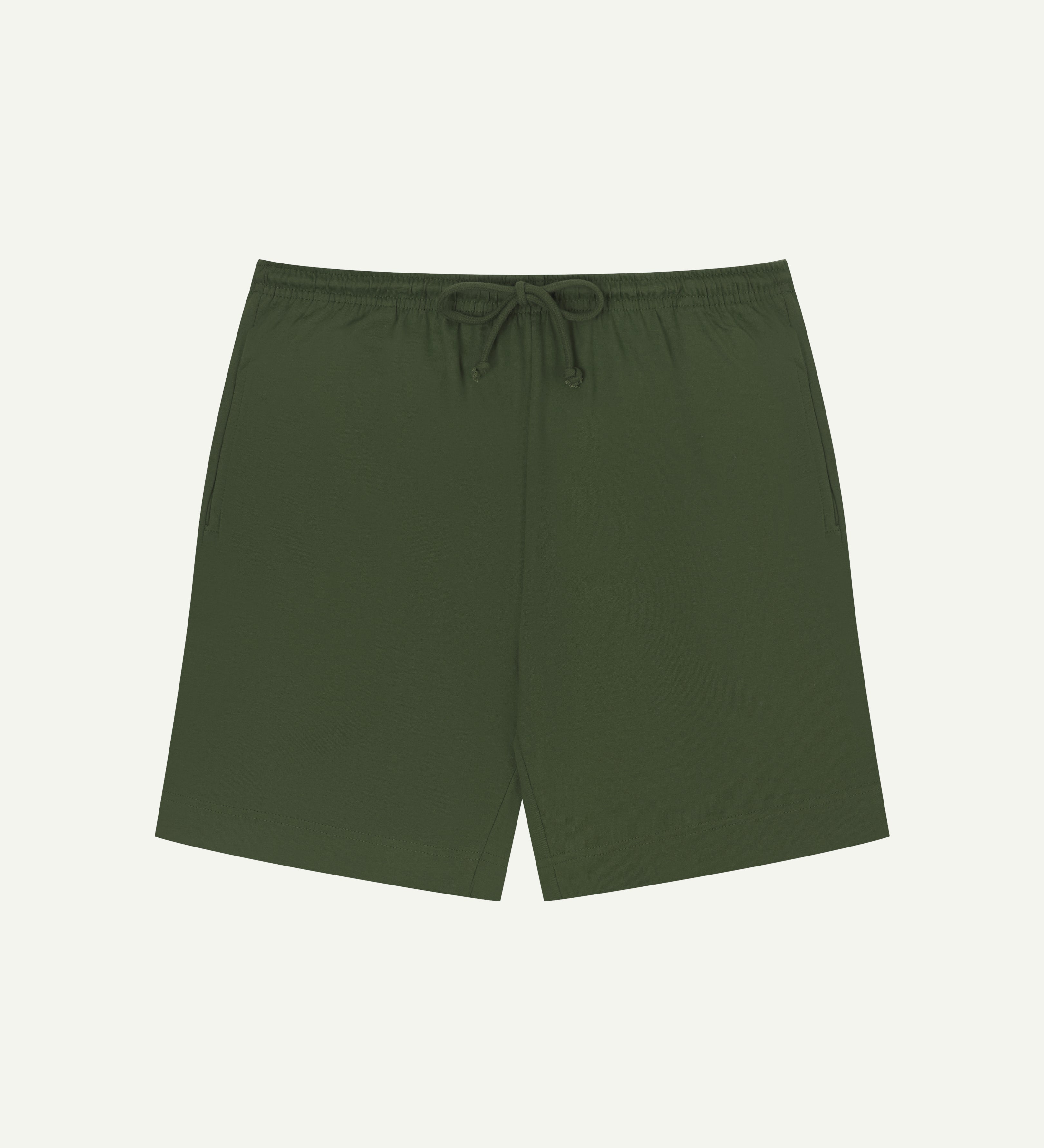 Front view of mid-green organic cotton #7007 jersey shorts by Uskees against white background. Clear view of drawstring waist.