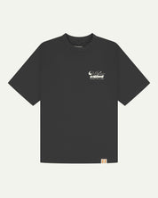 Full flat view of oversized black organic cotton Uskees T-shirt for men, showing the small white 'diner' logo on the breast.