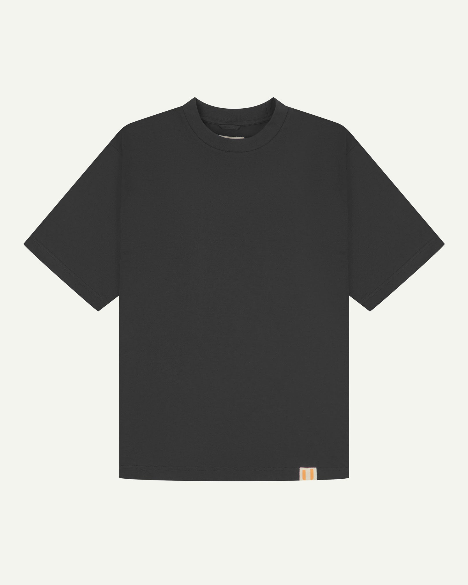 Full flat view of faded black, organic cotton, oversized T-shirt from Uskees.